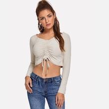 Shein Drawstring Gathered Front Crop Ribbed Tee