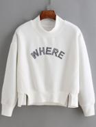 Shein White Mock Neck Letters Print Split Crop Sweatshirt