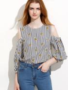Shein Striped Pineapple Print Cold Shoulder Blouse