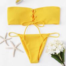 Shein Plus Grommet Lace Up Rib Knit Bandeau Bikini Set