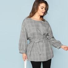 Shein Plus Lantern Sleeve Belted Plaid Dolman Top