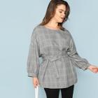 Shein Plus Lantern Sleeve Belted Plaid Dolman Top