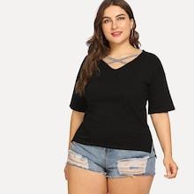 Shein Plus Letter Tape Criss Cross Split Hem Tee