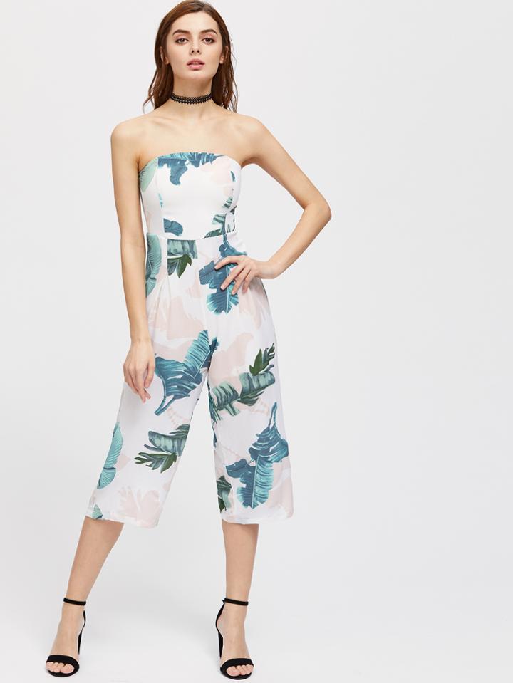 Shein Bandeau Backless Tropical Print Playsuit