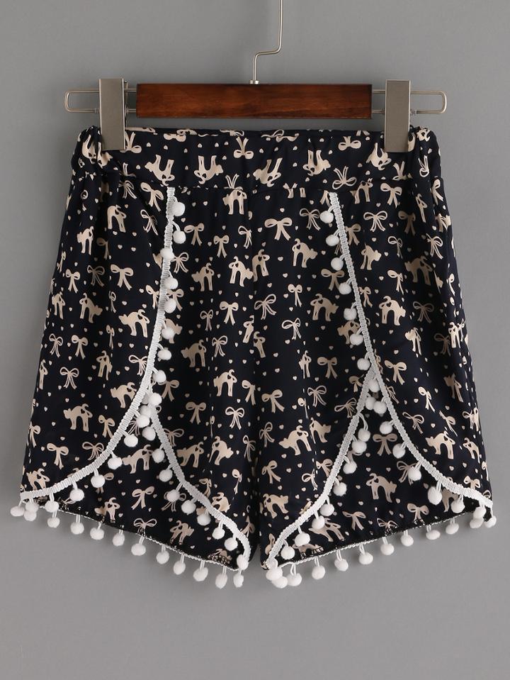 Shein Elastic Waist Bow Print Fringe Loose Shorts