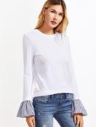 Shein White Striped Bell Cuff T-shirt