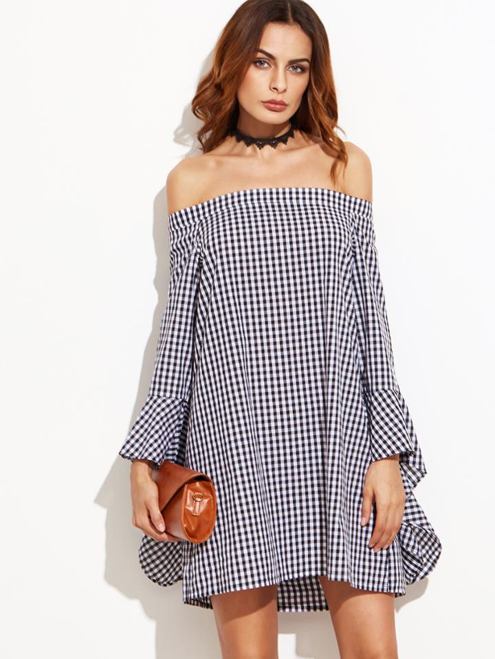 Shein Gingham Bell Sleeve Off The Shoulder Dress