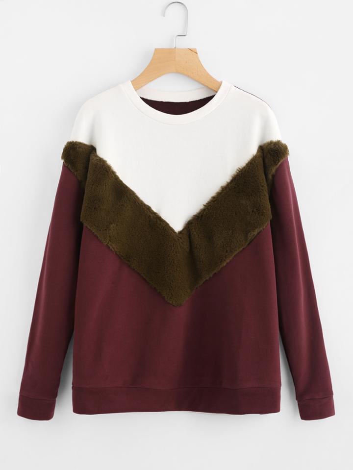Shein Cut And Sew Faux Fur Panel Sweatshirt