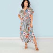 Shein Plus Stripe And Flower Print Curved Hem Shirt Dress
