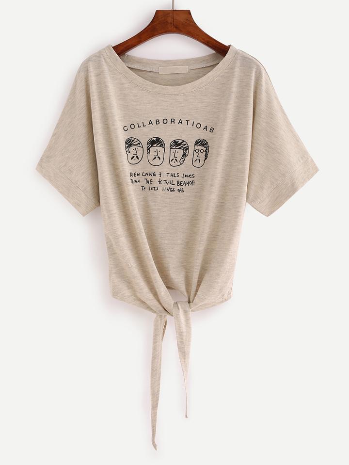 Shein Knot-front Cartoon Print Slub T-shirt - Grey