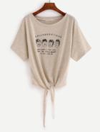 Shein Knot-front Cartoon Print Slub T-shirt - Grey