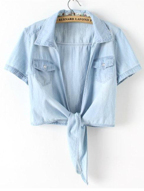 Shein Blue Knot Front Denim Blouse With Pockets