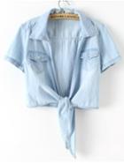 Shein Blue Knot Front Denim Blouse With Pockets