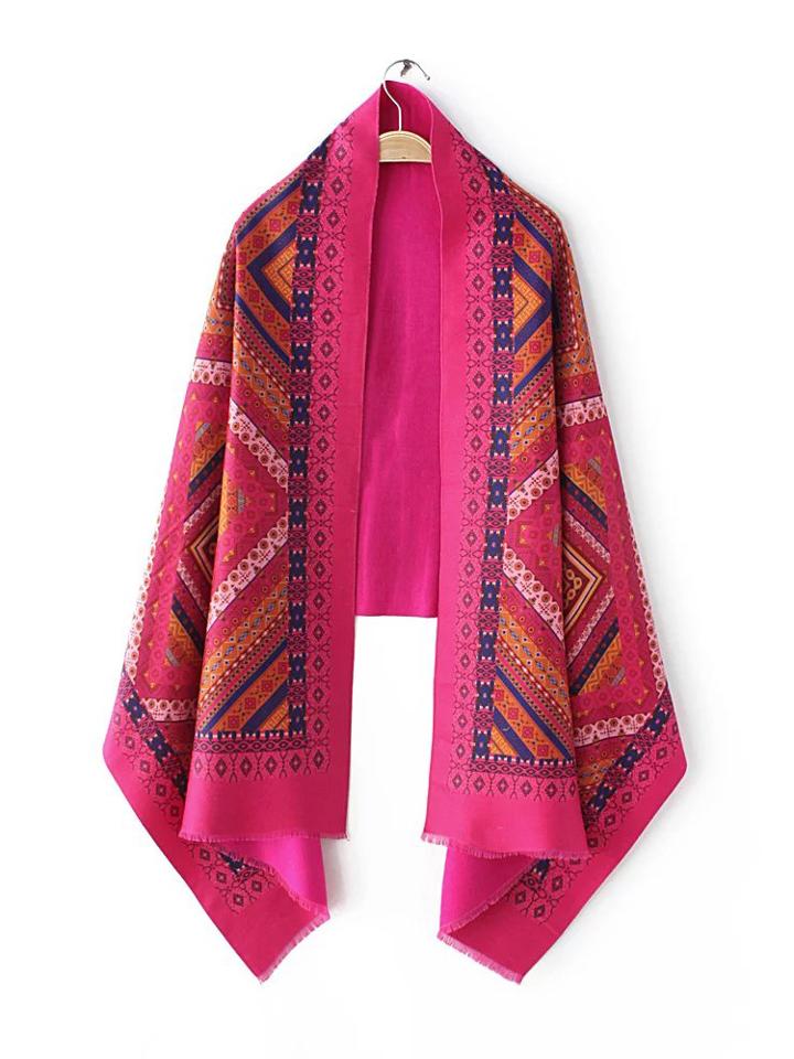 Shein Hot Pink Tribal Print Eyelash Fringe Shawl Scarf