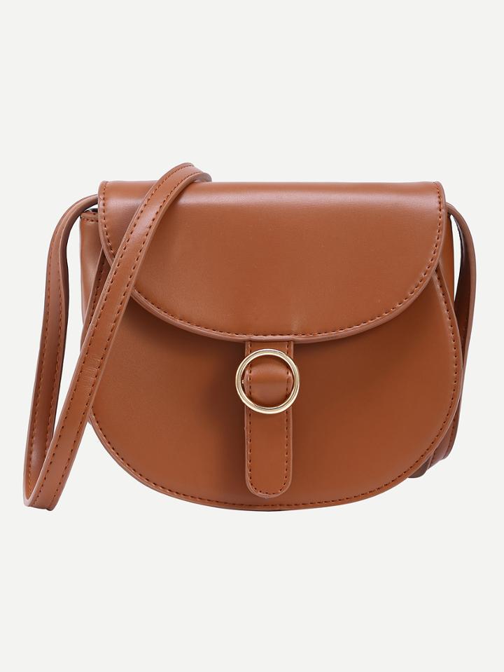 Shein Faux Leather Metal Ring Accent Saddle Bag - Brown
