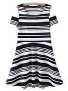Shein Blue White Stripe Short Sleeve Cold Shoulder Dress