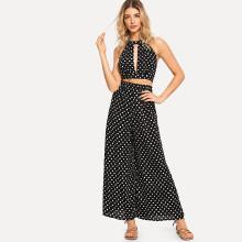 Shein Slit Cut Crop Halter Top & Palazzo Leg Pants Set