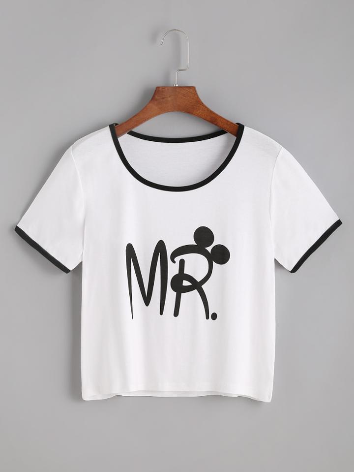 Shein White Letters Print Ringer T-shirt