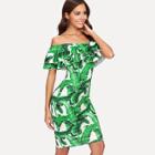 Shein Palm Leaf Print Flounce Bardot Dress