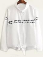 Shein White Long Sleeve Geometric Print Knotted Blouse