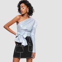 Shein One Shoulder Knot Hem Metallic Top
