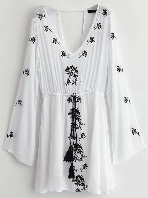 Shein White Embroidery Cut Out Back Fringe Drawstring Dress