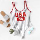 Shein Letter And Striped Print Contrast Binding Swimsuit