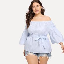 Shein Plus Off Shoulder Striped Self Tie Waist Blouse