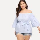 Shein Plus Off Shoulder Striped Self Tie Waist Blouse
