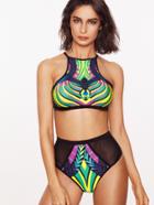 Shein Printed Mesh Panel Cutout Back Bikini Set
