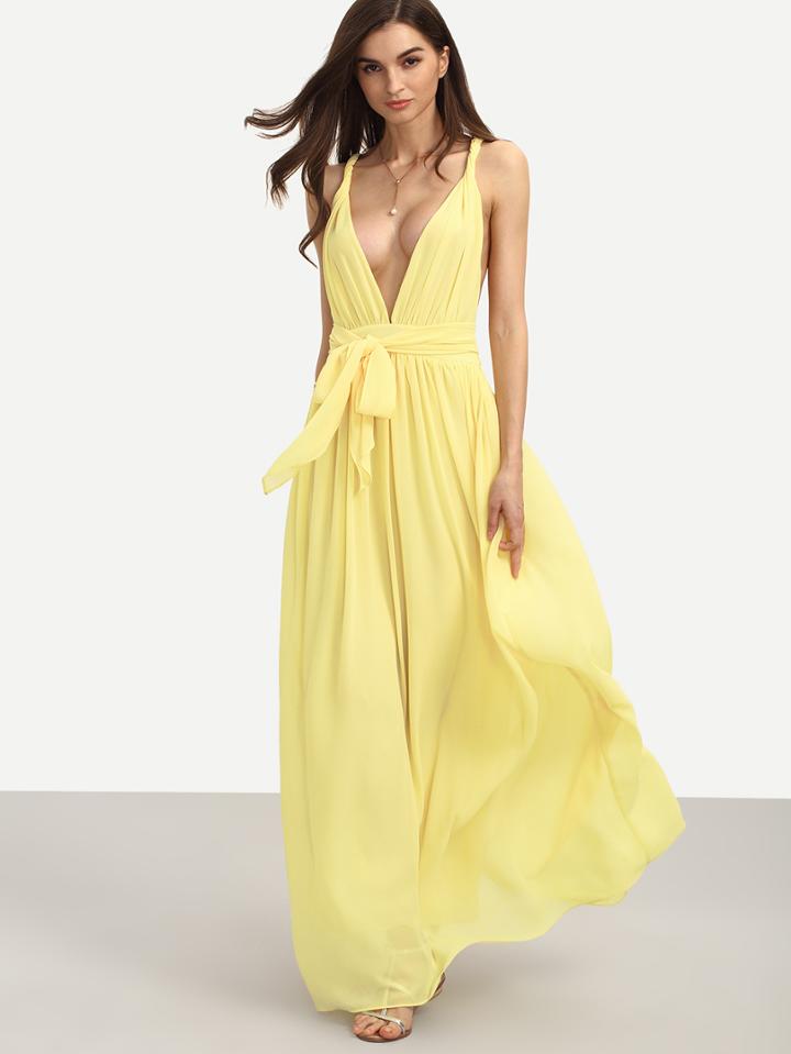 Shein Yellow Sleeveless V Neck Tie Waist Maxi Dress