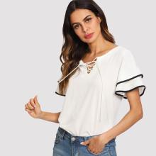 Shein Lace Up Front Flare Sleeve Blouse