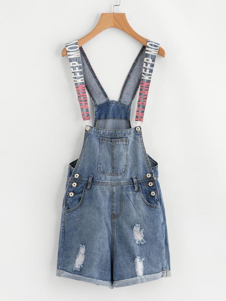 Shein Latter Print Strap Roll Hem Ripped Overall