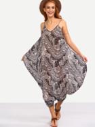Shein Black White Tribal Print Loose-fit Cami Jumpsuit
