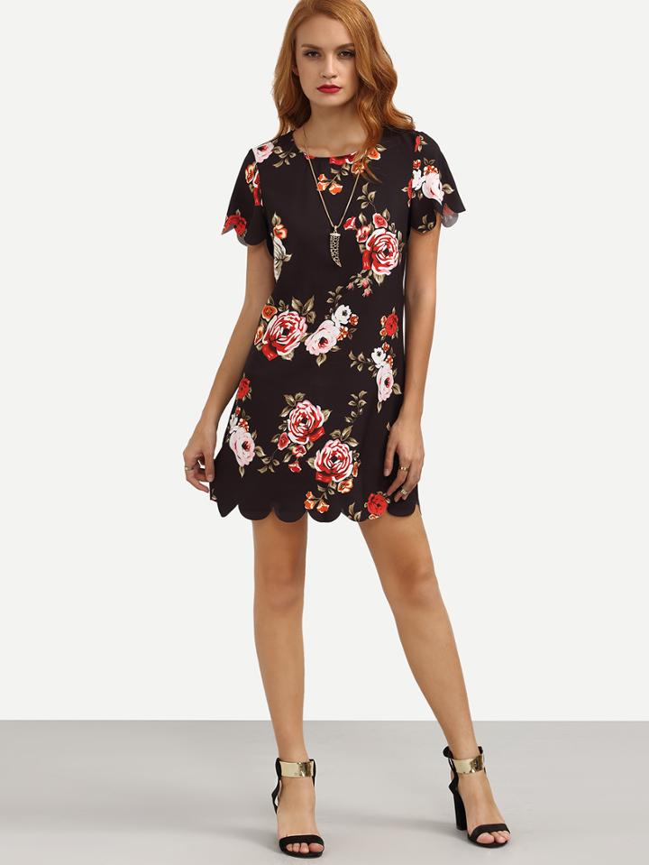 Shein Multicolor Floral Print Scallop Trim Shift Dress