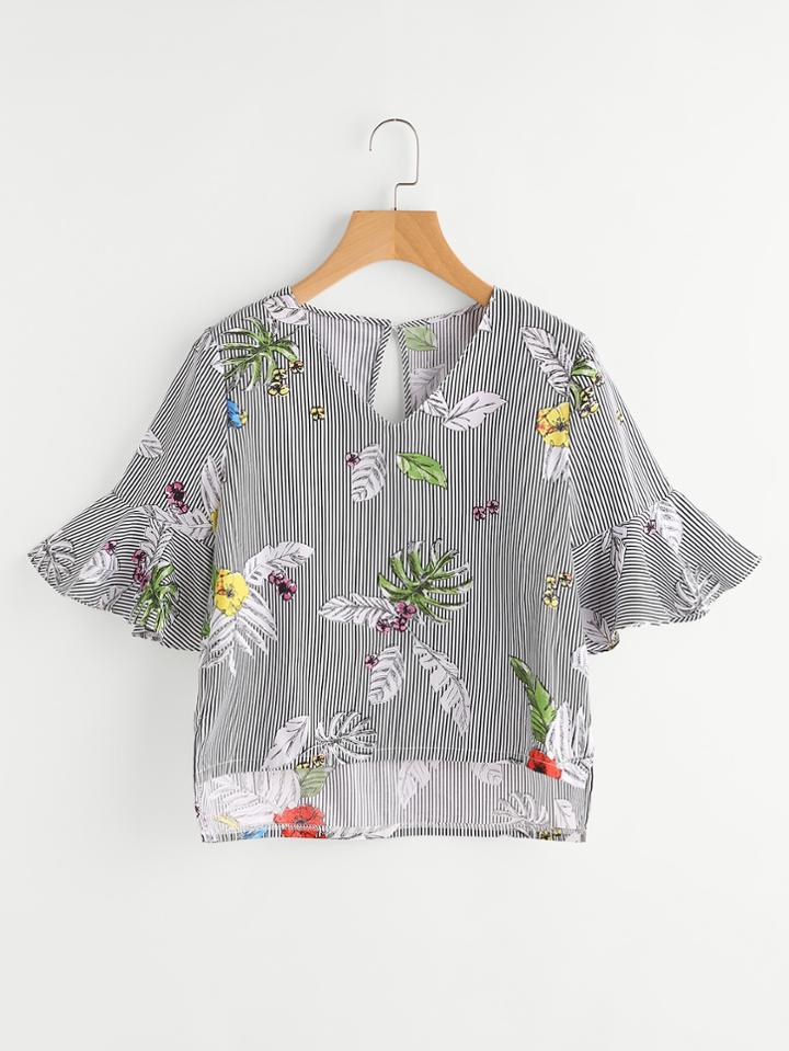 Shein Random Print Keyhole Back Slit Side Striped Blouse