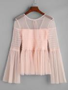 Shein Tied V Back Fluted Sleeve Smocked Mesh Peplum Top