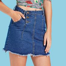 Shein Solid Raw Hem Button Denim Skirt