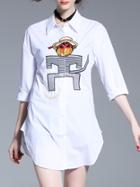 Shein White Monkey Embroidered Shirt Dress
