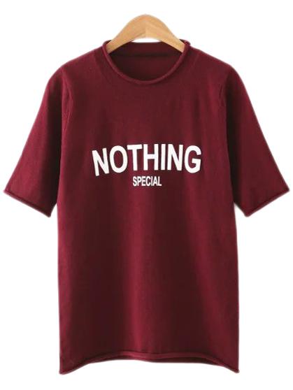 Shein Wine Red Nothing Print Knit Casual T-shirt
