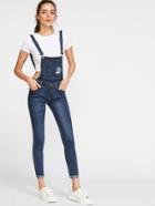 Shein Embroidered Rolled Hem Overall Jeans