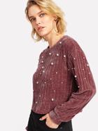 Shein Pearl Embellishing Ribbed Knit Crop Pullover