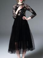 Shein Black Sheer Embroidered Gauze A-line Dress