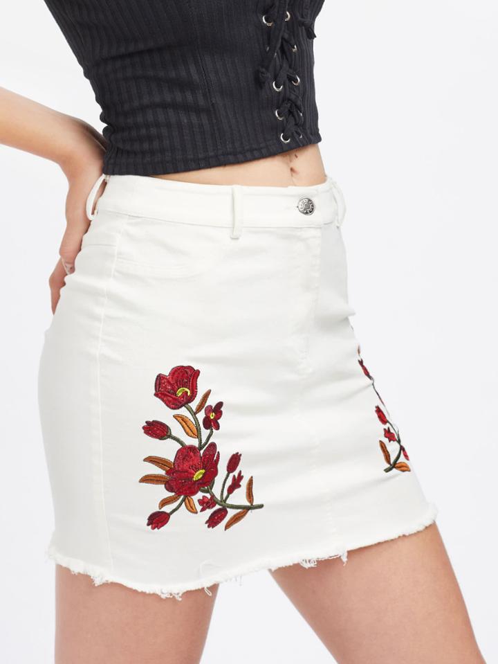 Shein Flower Embroidered Raw Cut Fitted Skirt