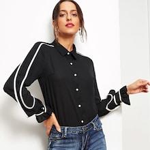 Shein Ruffle Cuff Contrast Binding Blouse