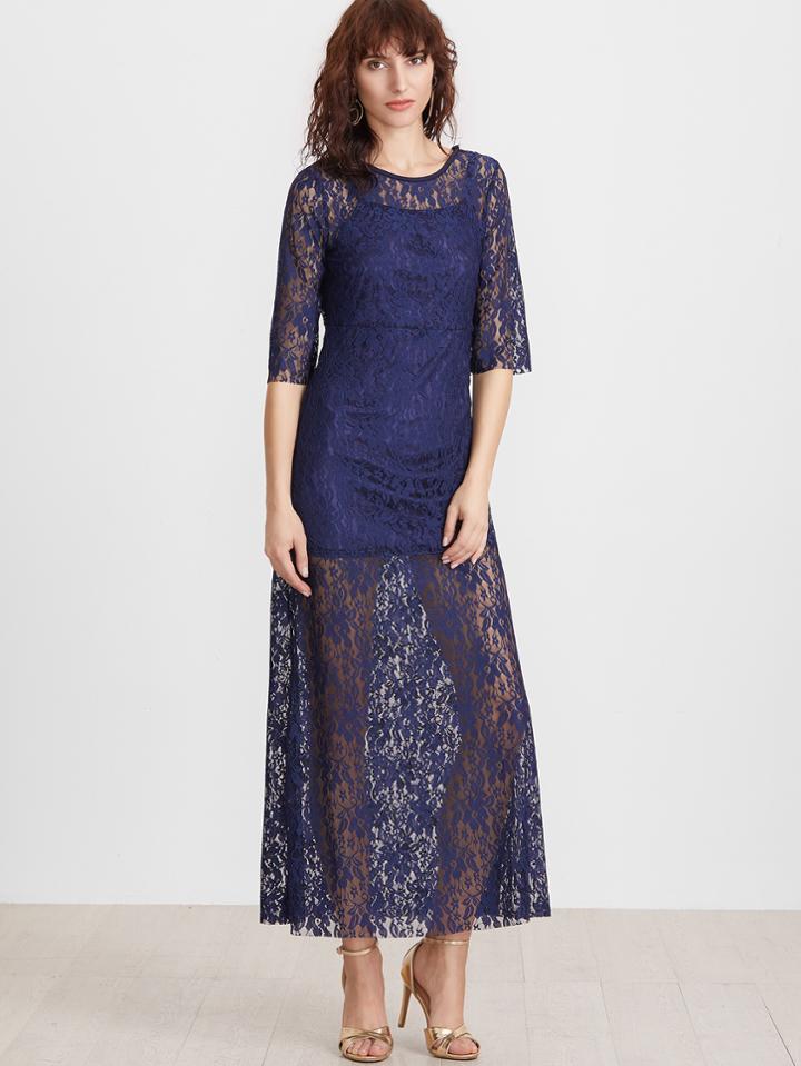 Shein Navy Overlay Lace Open Back Tassel Tie Dress