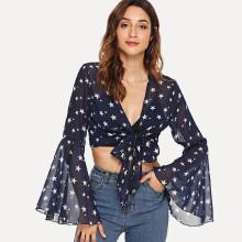 Shein Star Print Flounce Sleeve Knot Hem Blouse