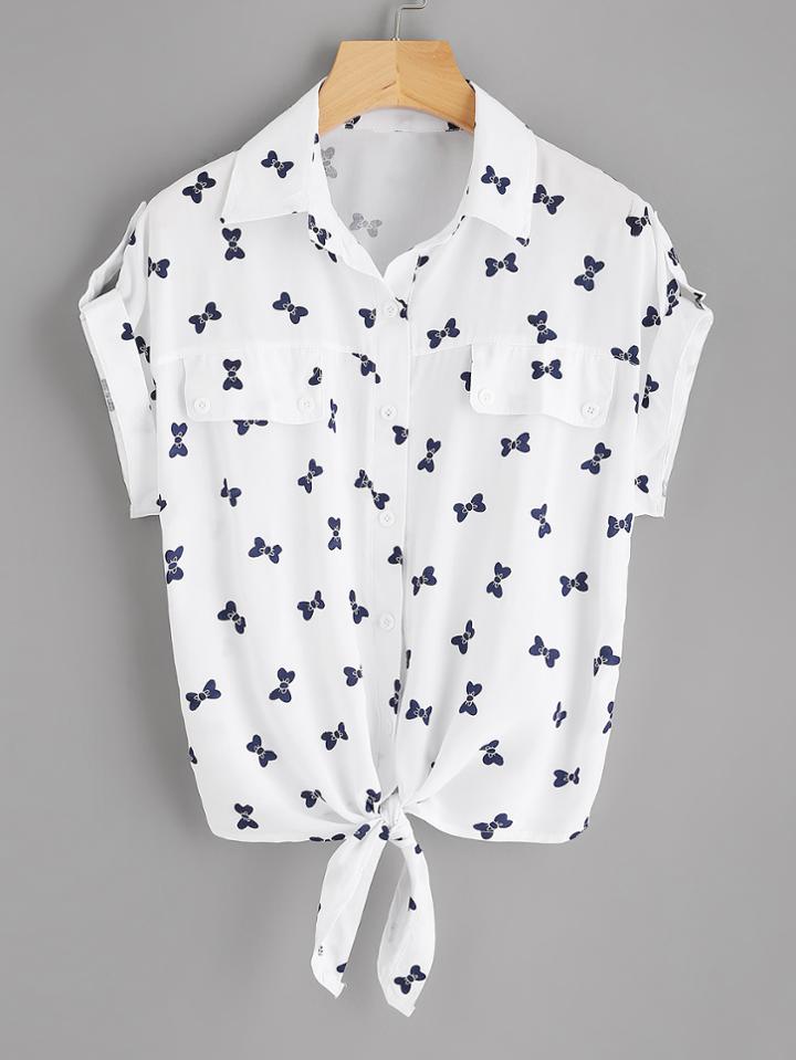 Shein Rolled Sleeve Knotted Hem Cuffed Bow Print Shirt