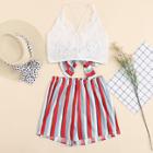 Shein Cross Back Lace Top With Striped Shorts