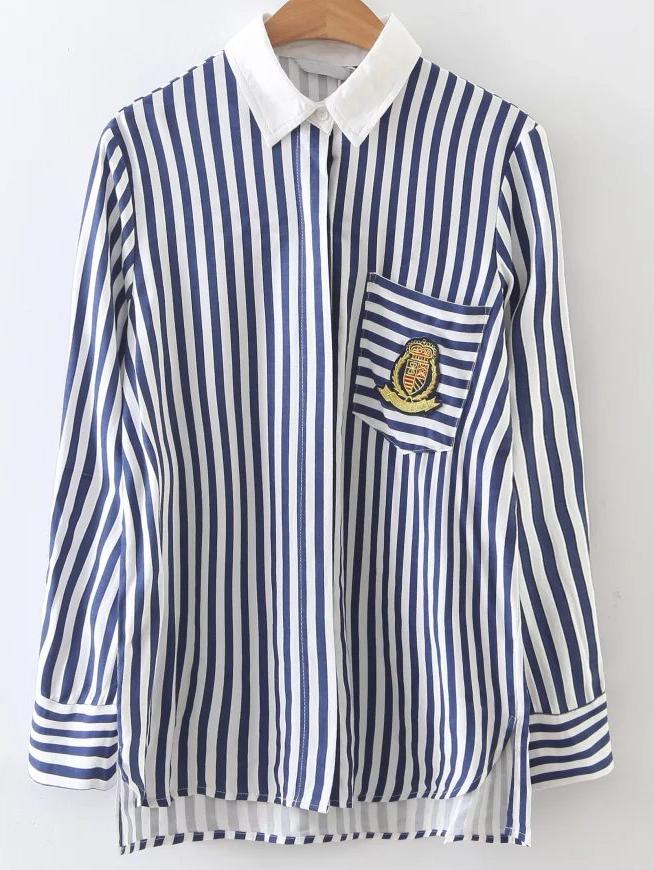 Shein Blue Striped Contrast Collar Dip Hem Blouse With Patch